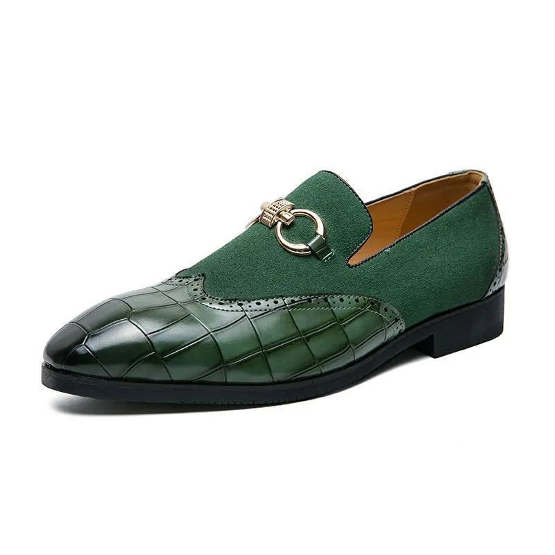 Men's black business casual shoes with pointed toe and sewing line details on artificial PU upper