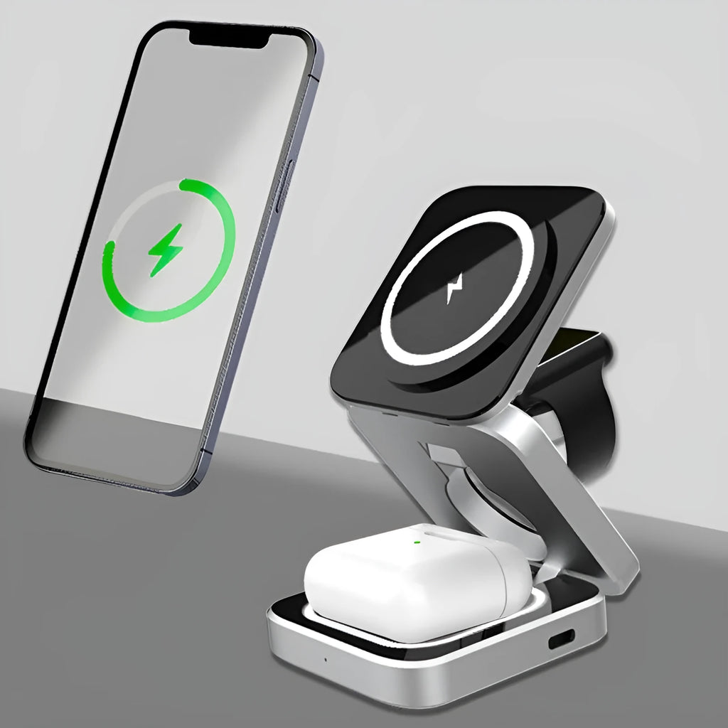 Three-in-one desktop wireless charging bracket showing foldable design with charging areas for multiple devices