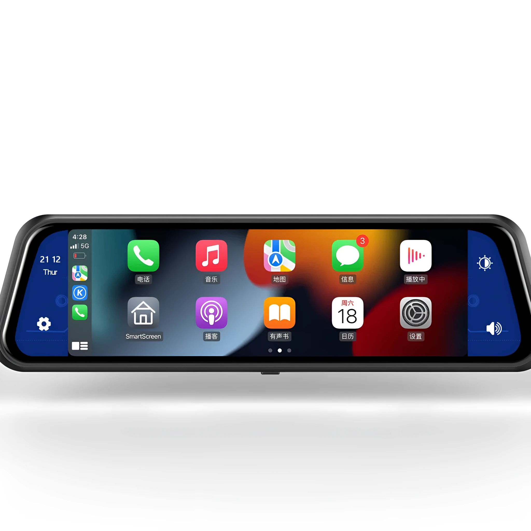 Black dual-lens driving recorder with 9.66 inch touch screen mounted on rearview mirror showing 4K interface