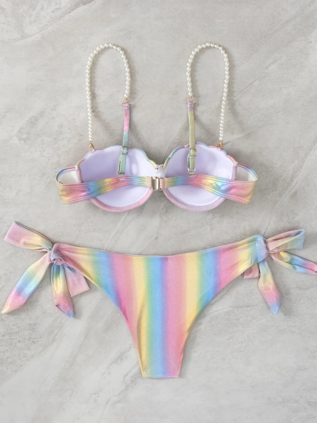 Women's shell rainbow pattern bikini with tied bandeau top and split briefs