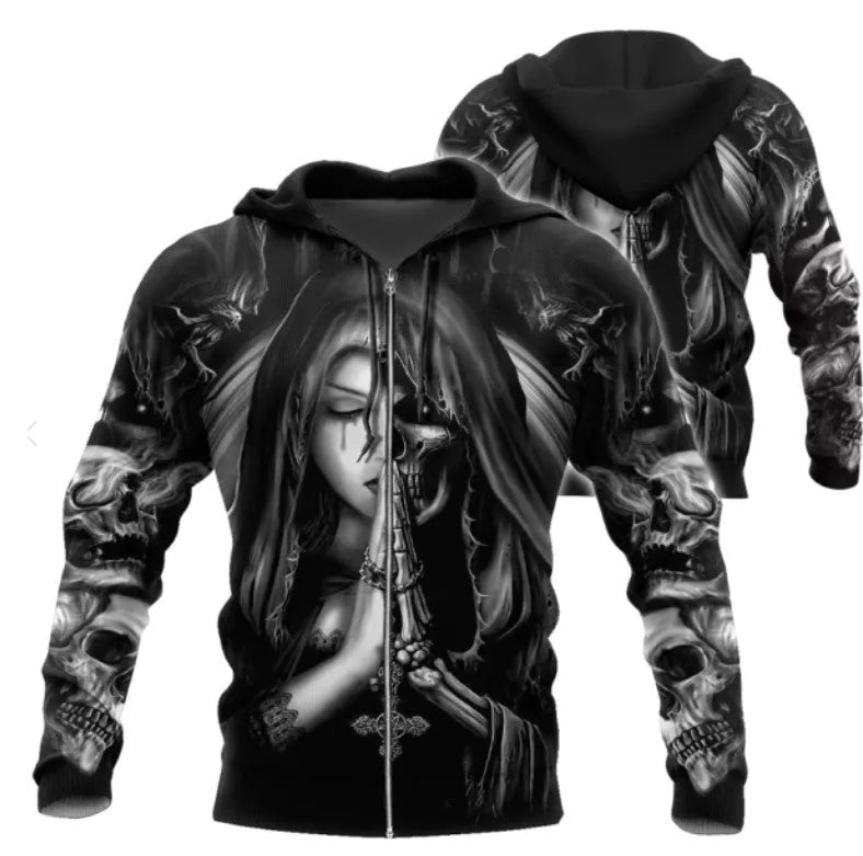 Black hooded sweatshirt with a detailed 3D Halloween skull anime graphic on the front.