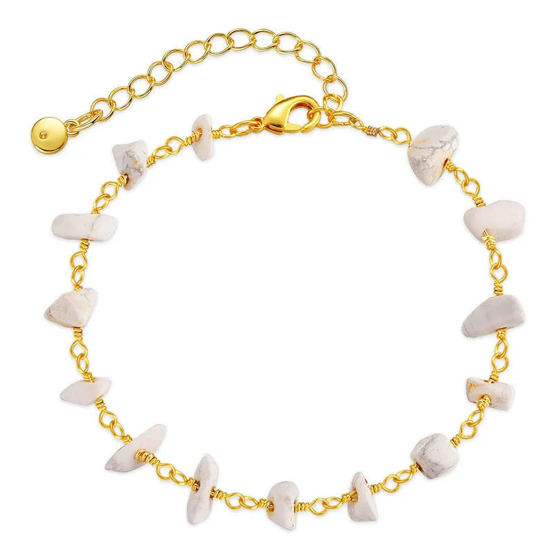 Women's bracelet with natural gravel turquoise stones on geometric 18K copper base with crystal accents