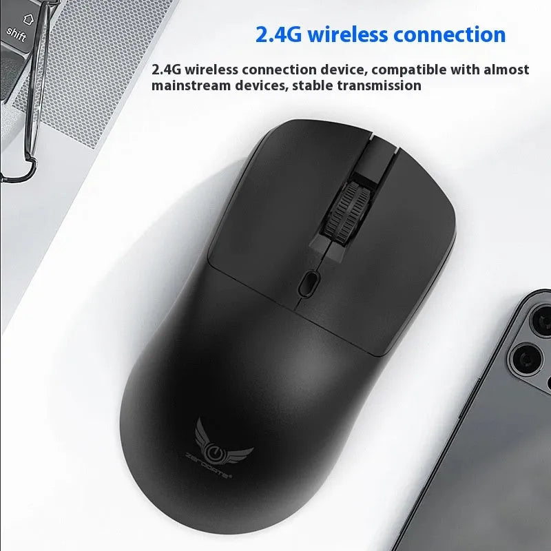 Black wireless mouse with three-gear audio button, photoelectric sensor, and AAA battery compartment