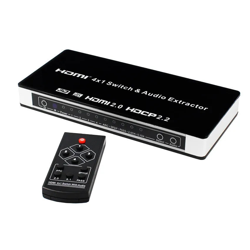 Black HDMI audio switch with remote control for 4 input 1 output video switching