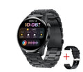Smartwatch with round colour touchscreen display on a zinc alloy case, shown with optional silicone, leather, and metal straps.