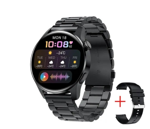 Smartwatch with round colour touchscreen display on a zinc alloy case, shown with optional silicone, leather, and metal straps.