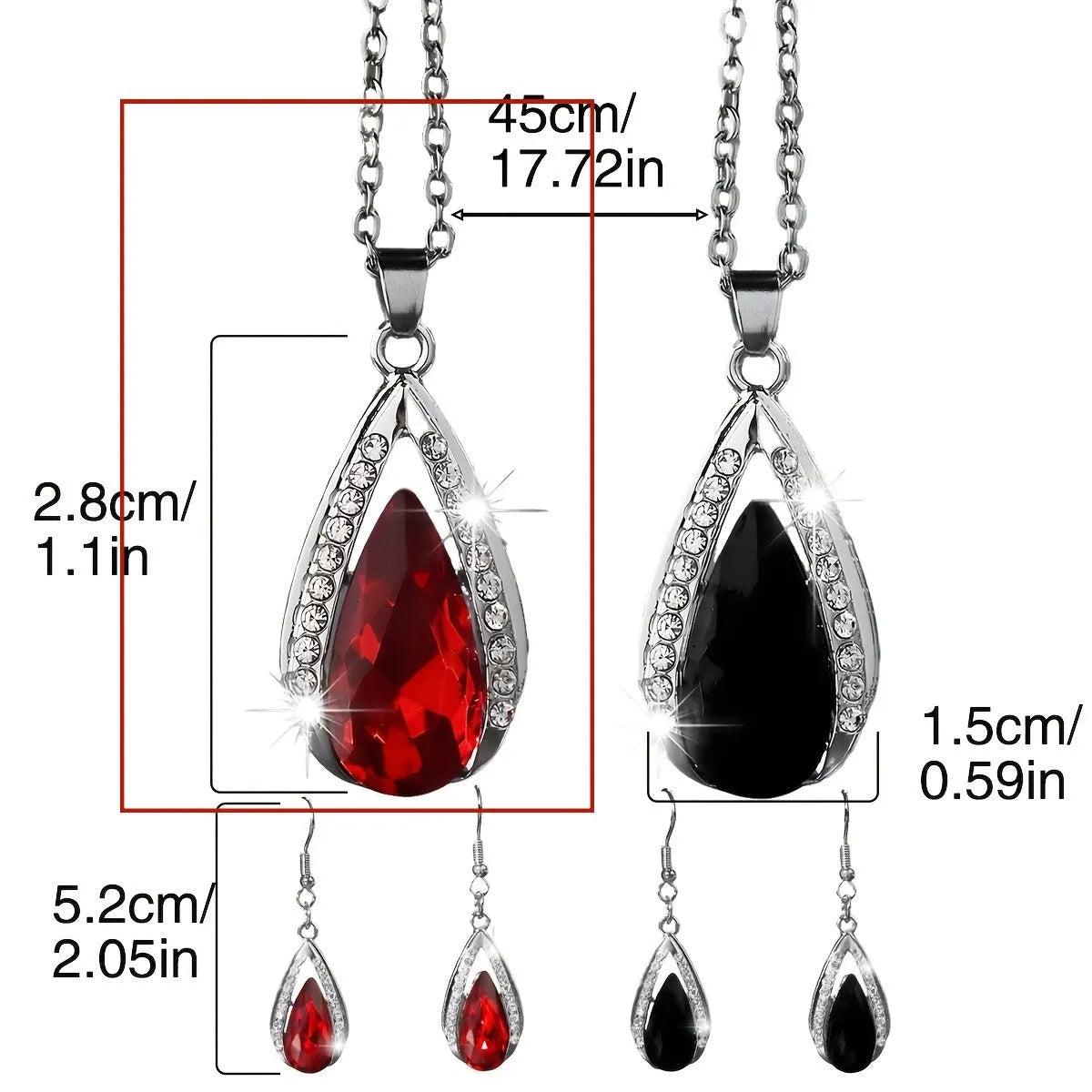 Black and red teardrop pendant necklace with matching earrings in alloy