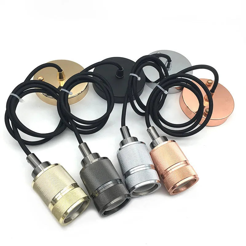 DIY retro chandelier assembly kit components showing braided cord, lamp holder, and hardware in chrome finish
