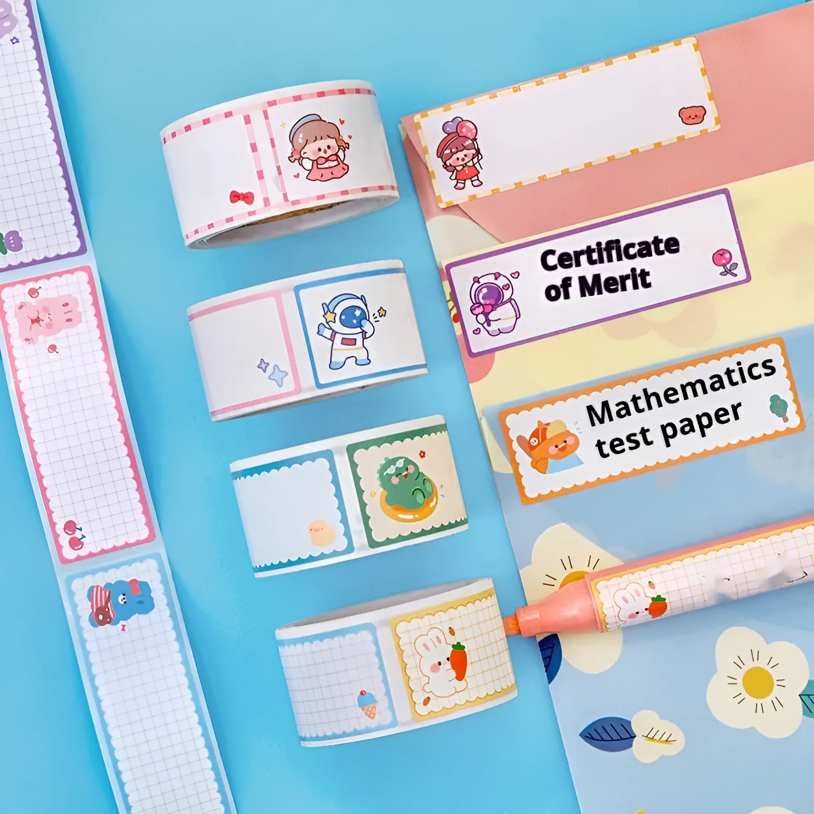 Roll of cartoon name tape stickers showing dinosaur, astronaut, rabbit, and girl designs.
