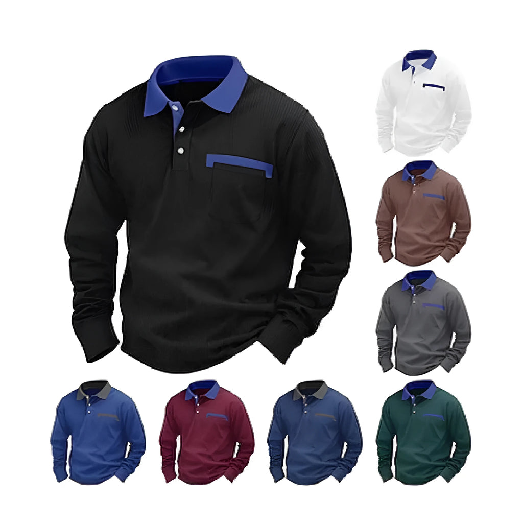 Man wearing a long-sleeved waffle-texture polo shirt with an asymmetric design in a dark colour.