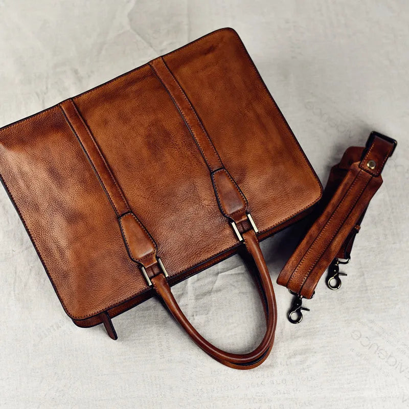 Men's 14 inch horizontal leather handbag in khaki colour with zipper opening