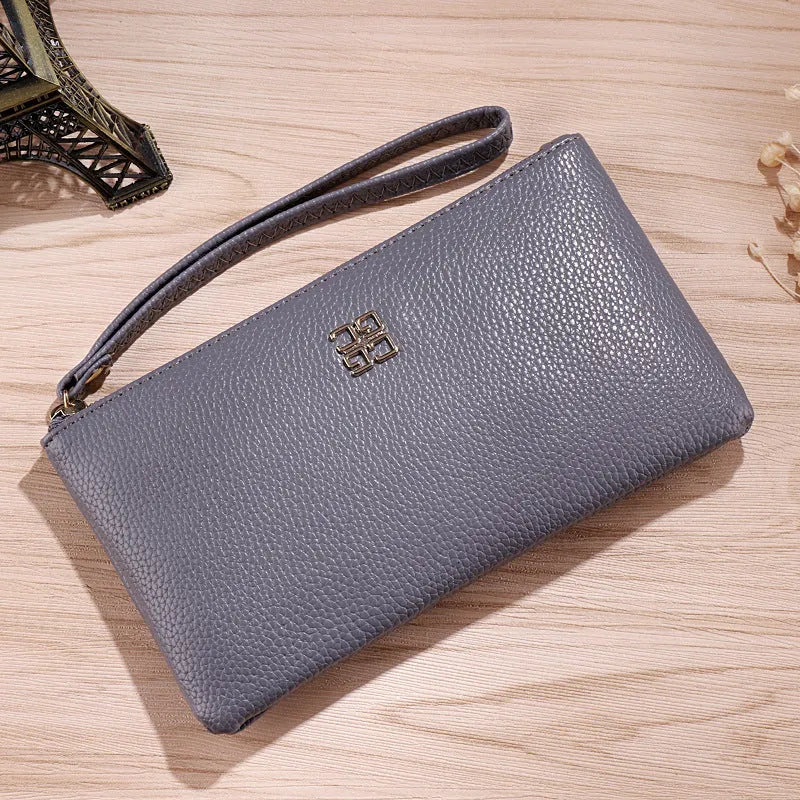 Long 55-inch PU leather phone wallet handbag with zip closure in a choice of solid colours