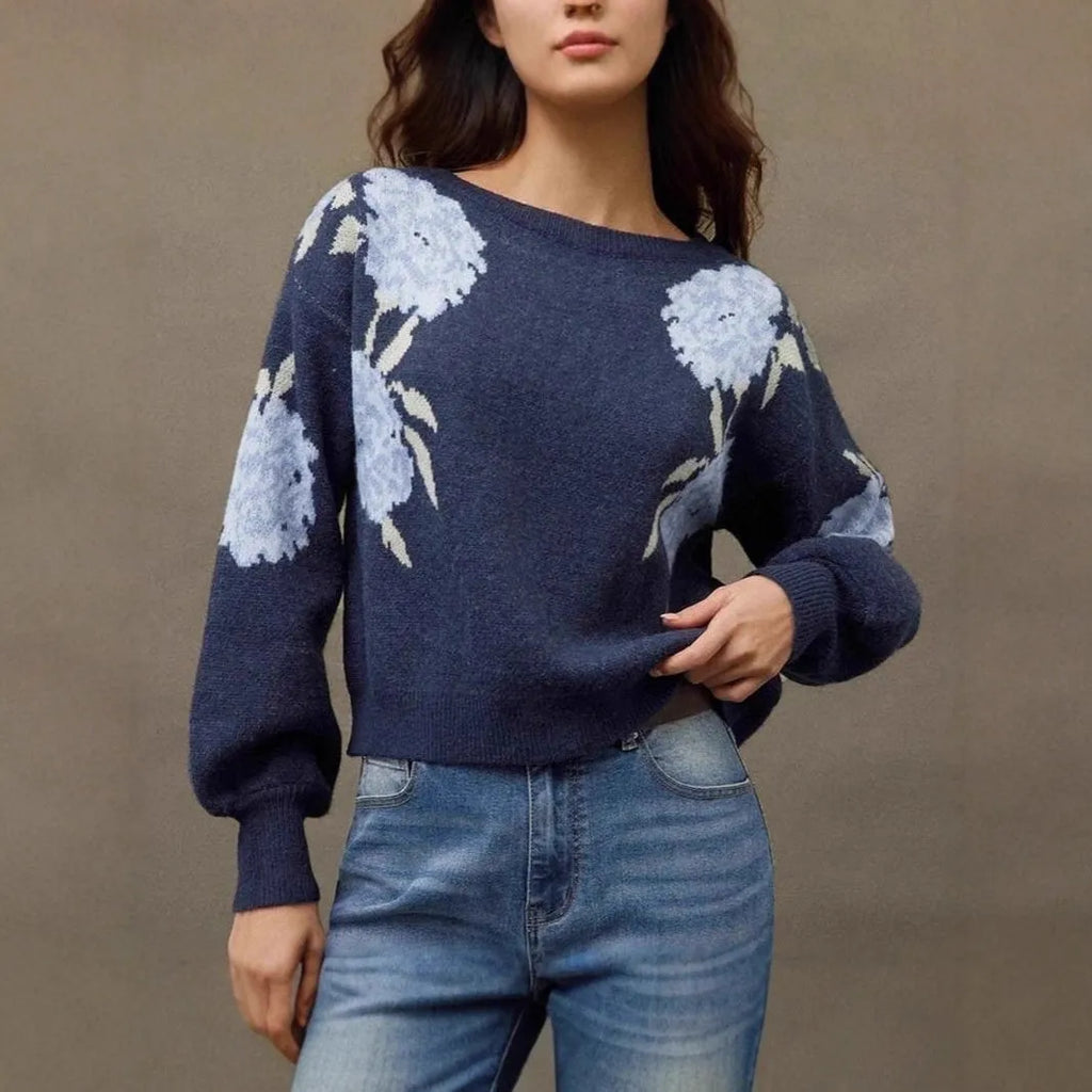 Sapphire blue women's loose fit pullover with floral jacquard pattern and off-neck design