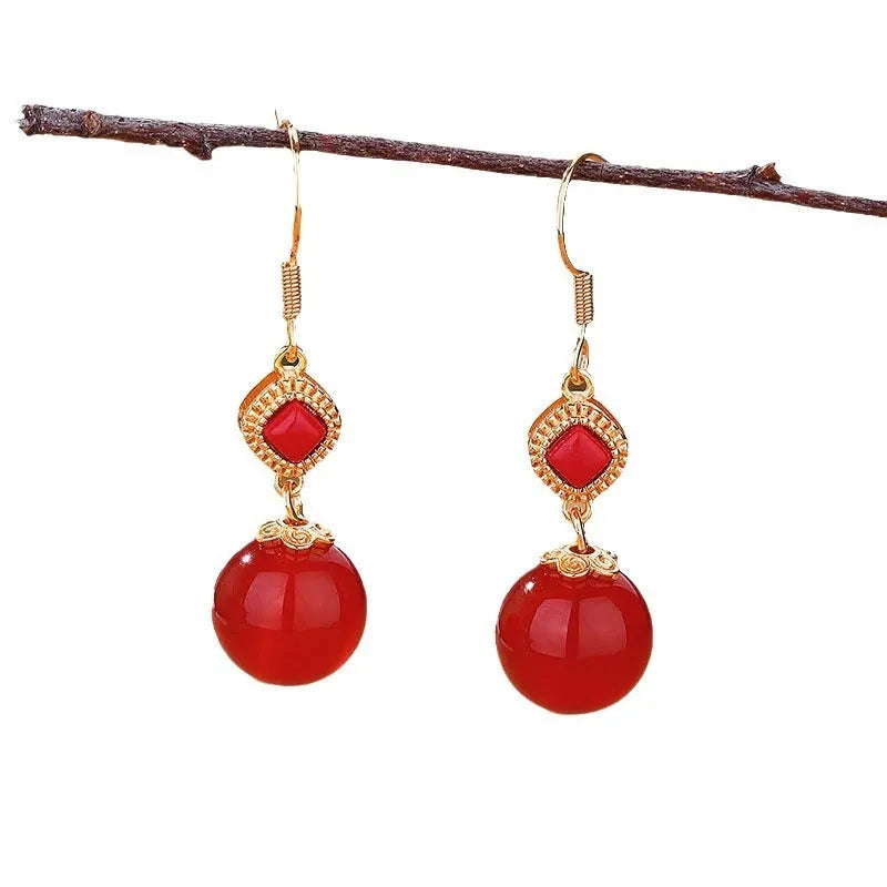 Geometric agate earrings with Southern Red Agate round beads and S925 silver inlaid accents on copper alloy