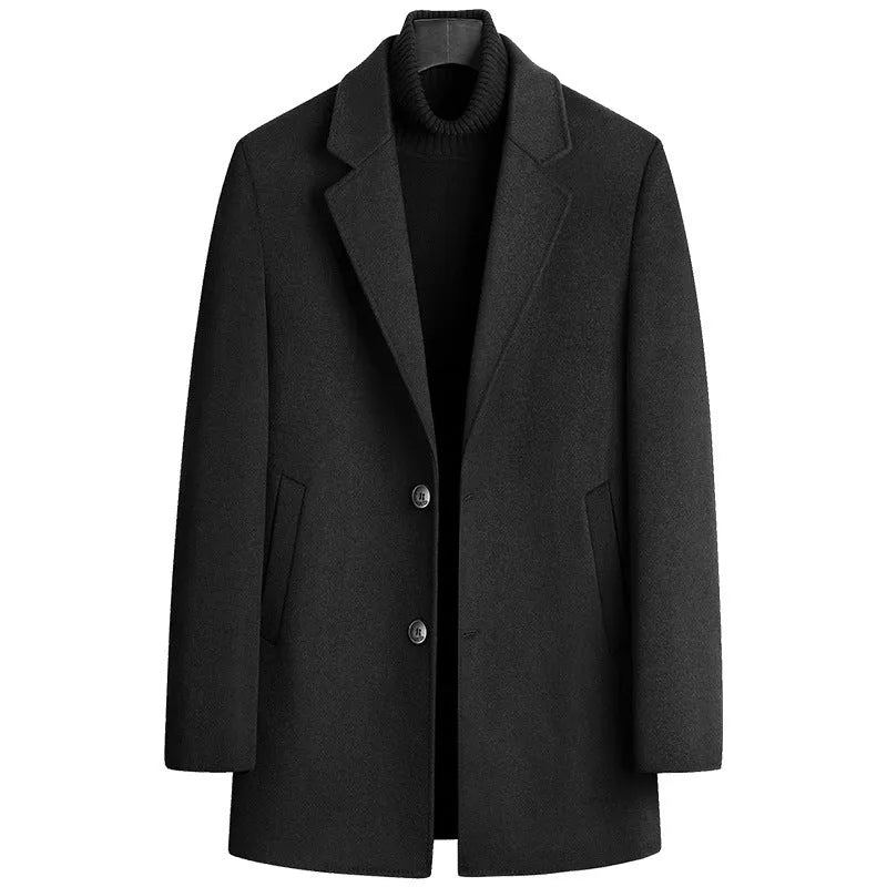 Single-breasted woolen coat for men in gray with straight hem and thickening construction
