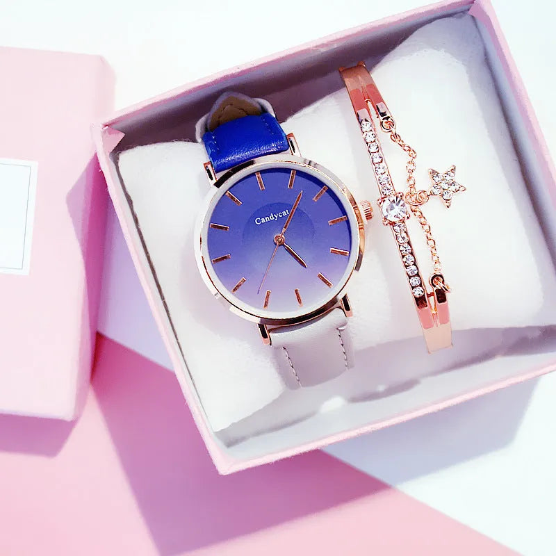 Women's fashion gradient belt quartz watch and bracelet set with 3.8cm dial in pink blue purple