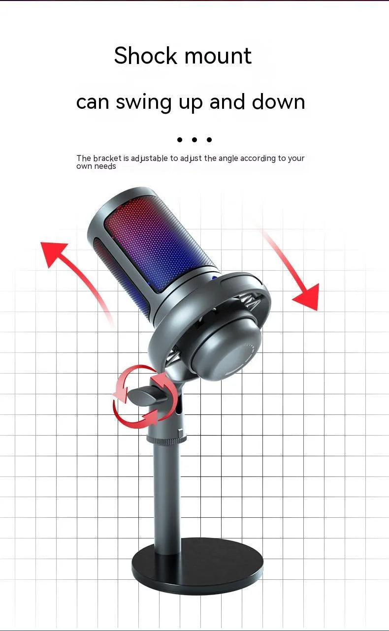 RGB illuminated condenser microphone on desk with USB cable, in black, white, or pink.