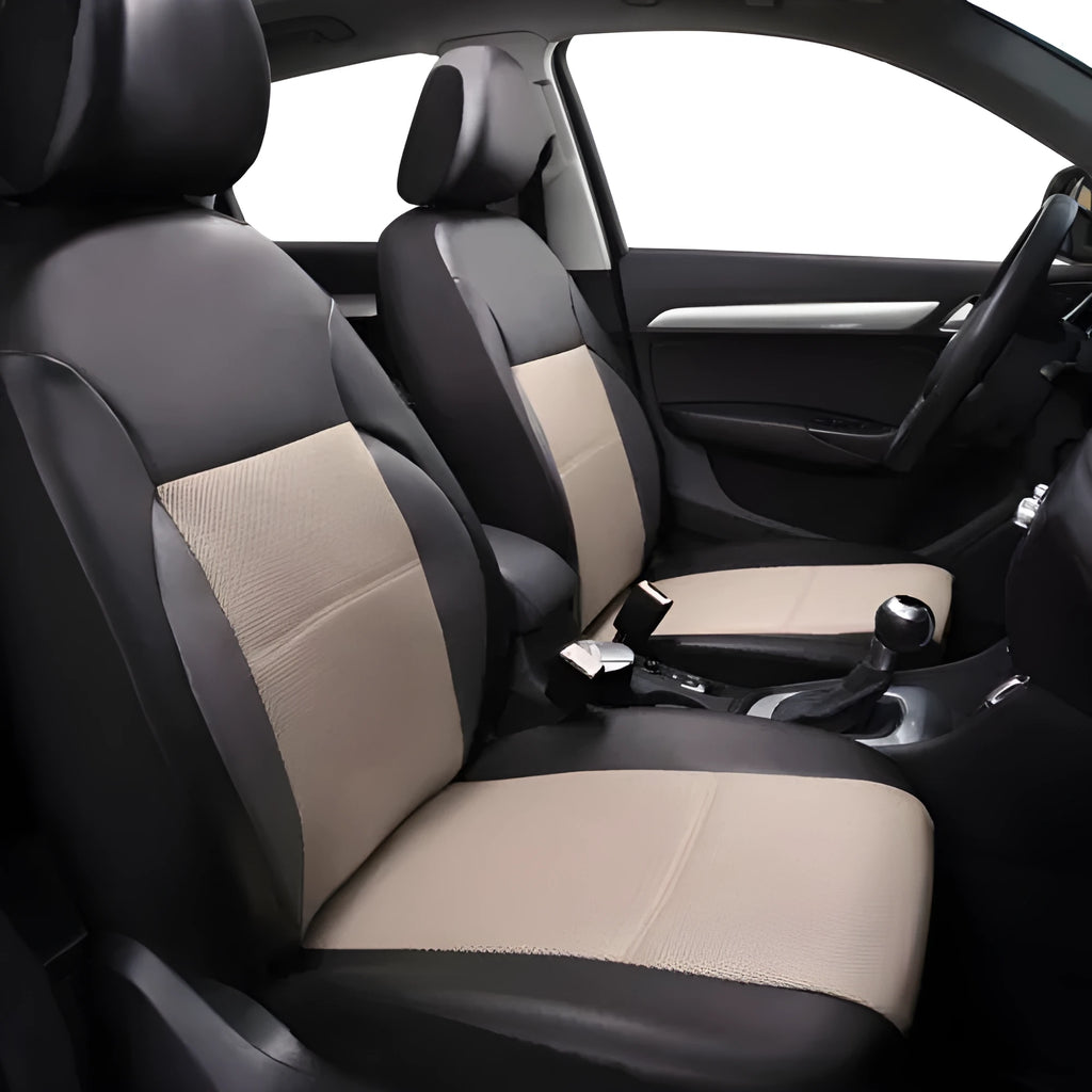 Set of black artificial leather car seat covers showing front and backseat pieces.