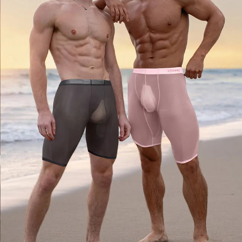 Men's seamless mesh home shorts in black nylon with hip lifting function