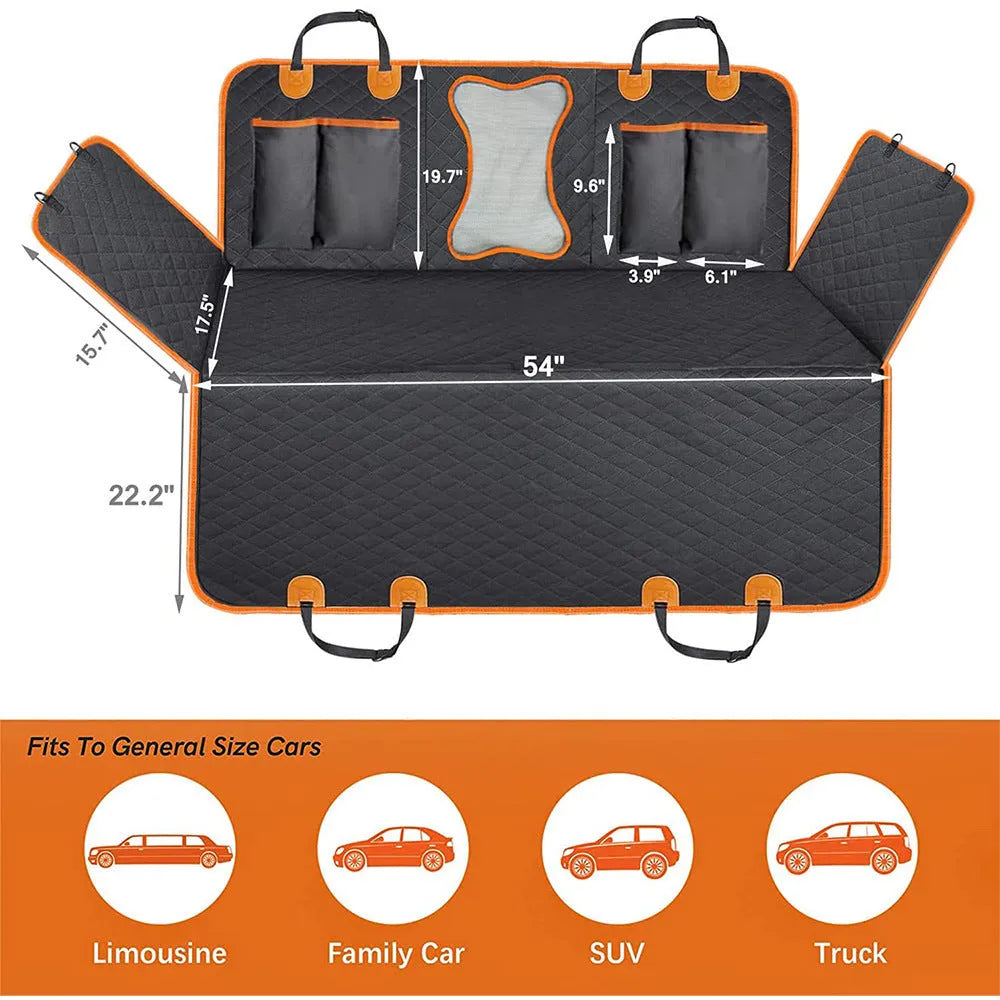 Black and orange waterproof pet car seat hammock cover made from 600D Oxford cloth on rear car seats