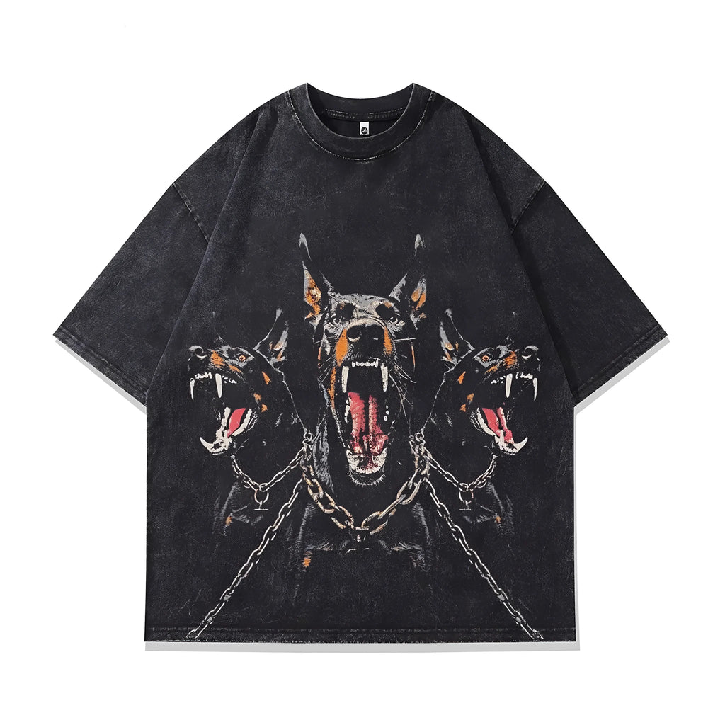 Men's grey short sleeve T-shirt with a printed character design, loose fit.