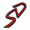 Metal car bumper stickers showing SD and D patterns in red silver and red black colour options