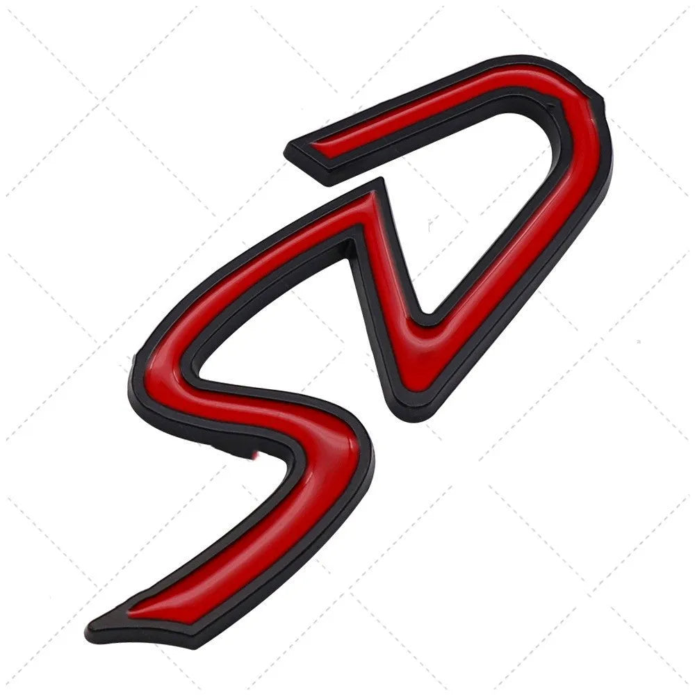 Metal car bumper stickers showing SD and D patterns in red silver and red black colour options