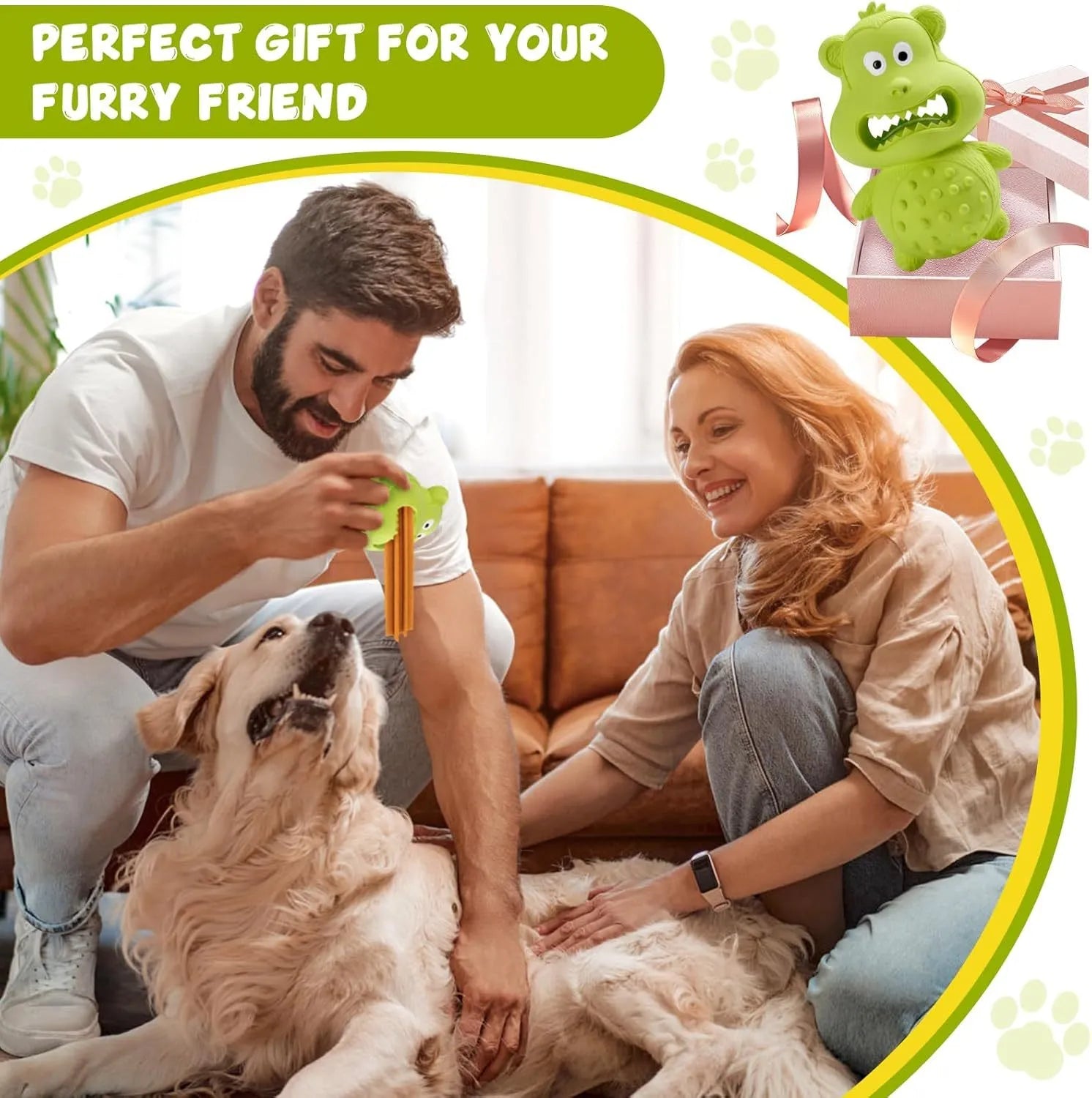 Green and yellow natural rubber dog chew toy for aggressive chewers