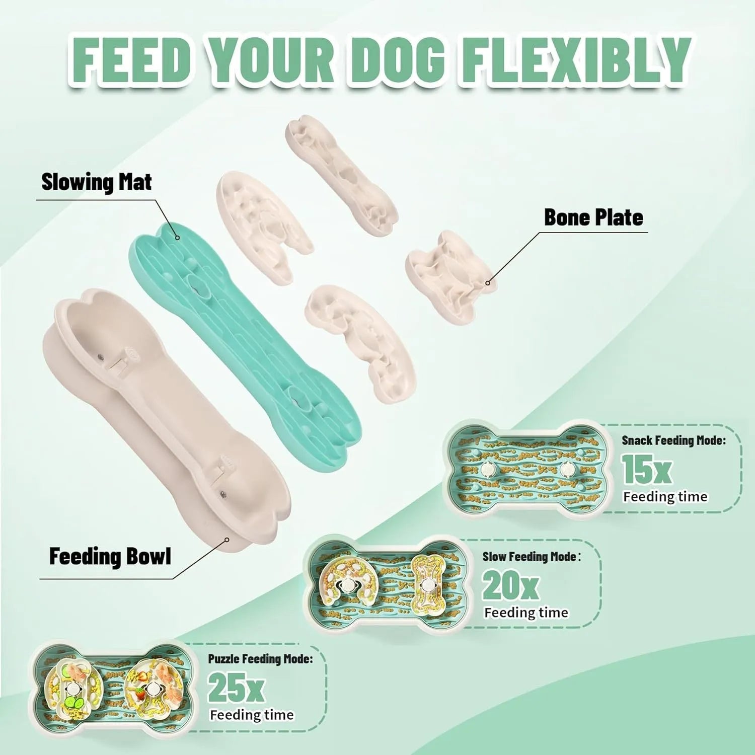 Large green slow feeder dog bowl with puzzle trays and non-slip suction cups.
