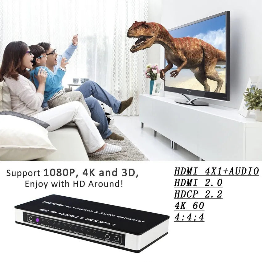 Black HDMI audio switch with remote control for 4 input 1 output video switching