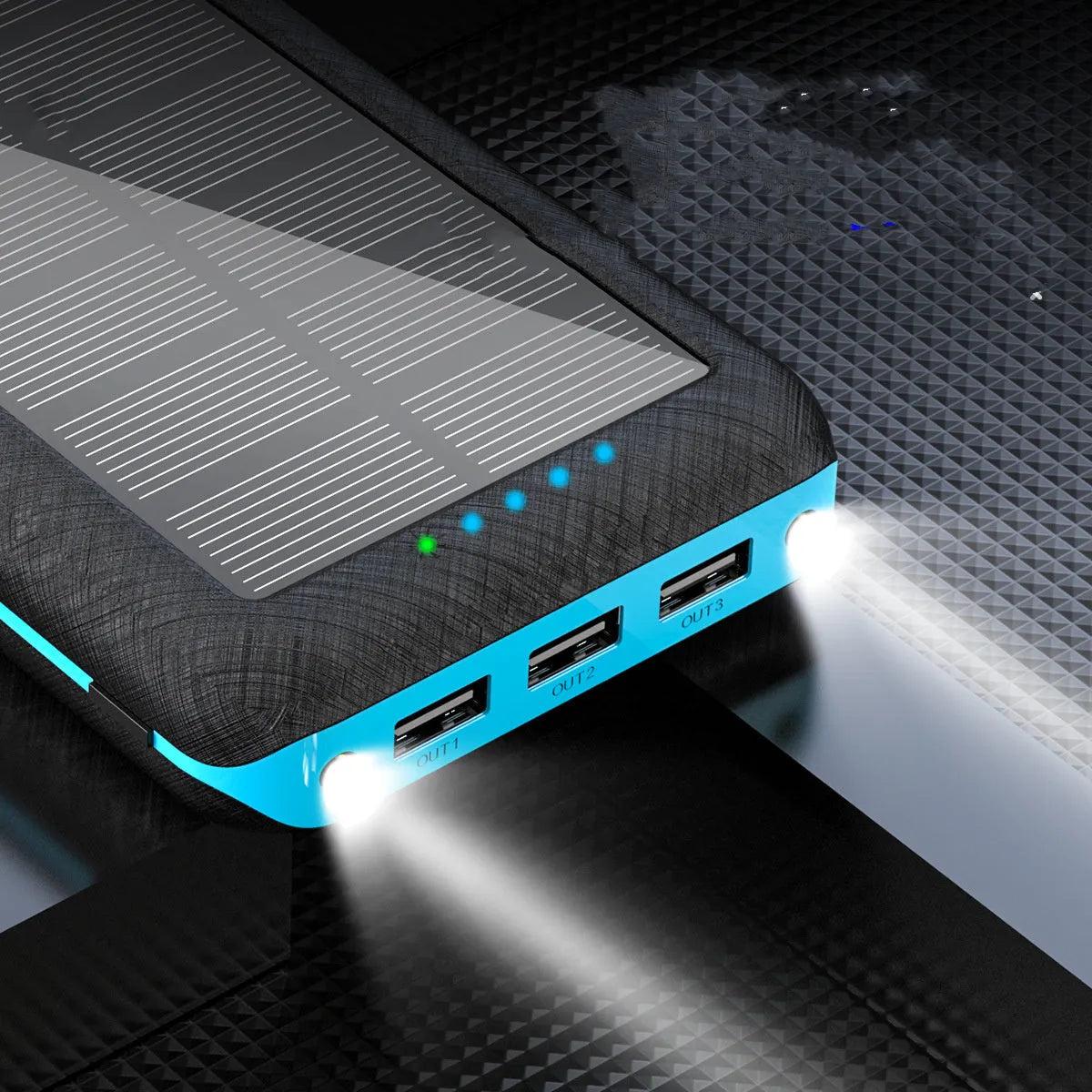 Black solar power bank with wireless Qi charging pad, three USB ports, and an LED flashlight