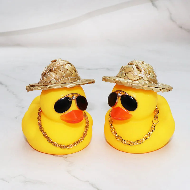 Cartoon yellow duck wearing straw hat car dashboard ornament with sunglasses necklace accessory