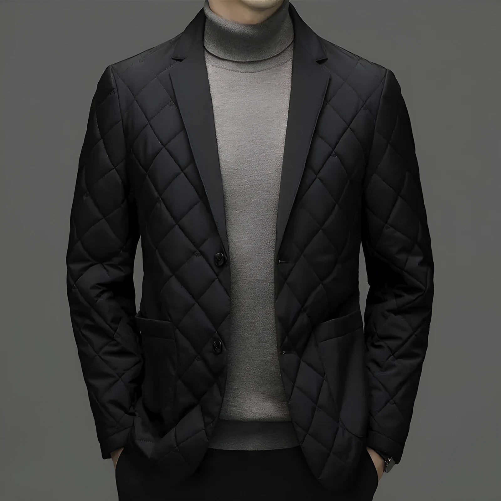 A man wearing a solid-colour thick down jacket with a lapel and side seam pockets.