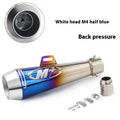 Universal M4 motorcycle exhaust pipe in black, titanium, blue, or white steel finish for large displacement bikes.