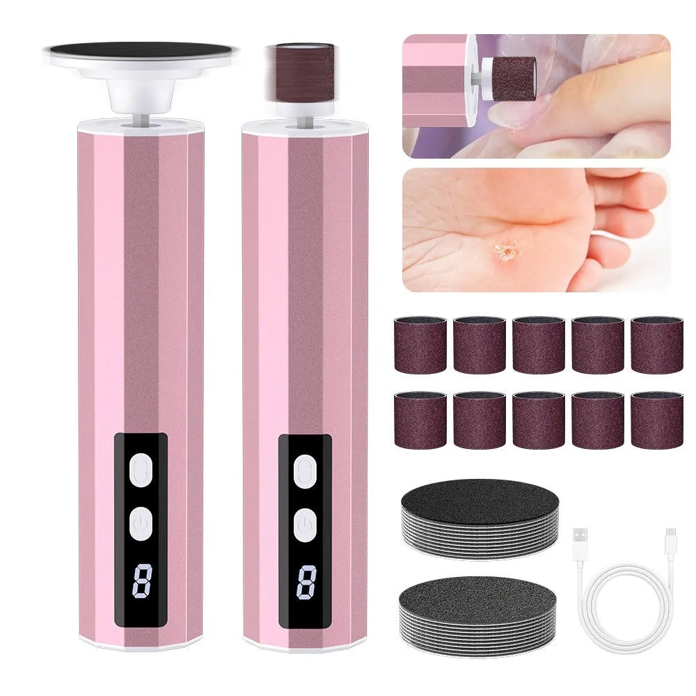 USB-powered electric callus remover manicure set with grinding wheel patches in black, pink, or purple.