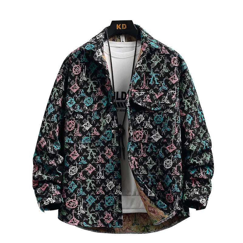 Men's casual lapel shirt coat in polyester with straight hem and long sleeves for spring and autumn wear