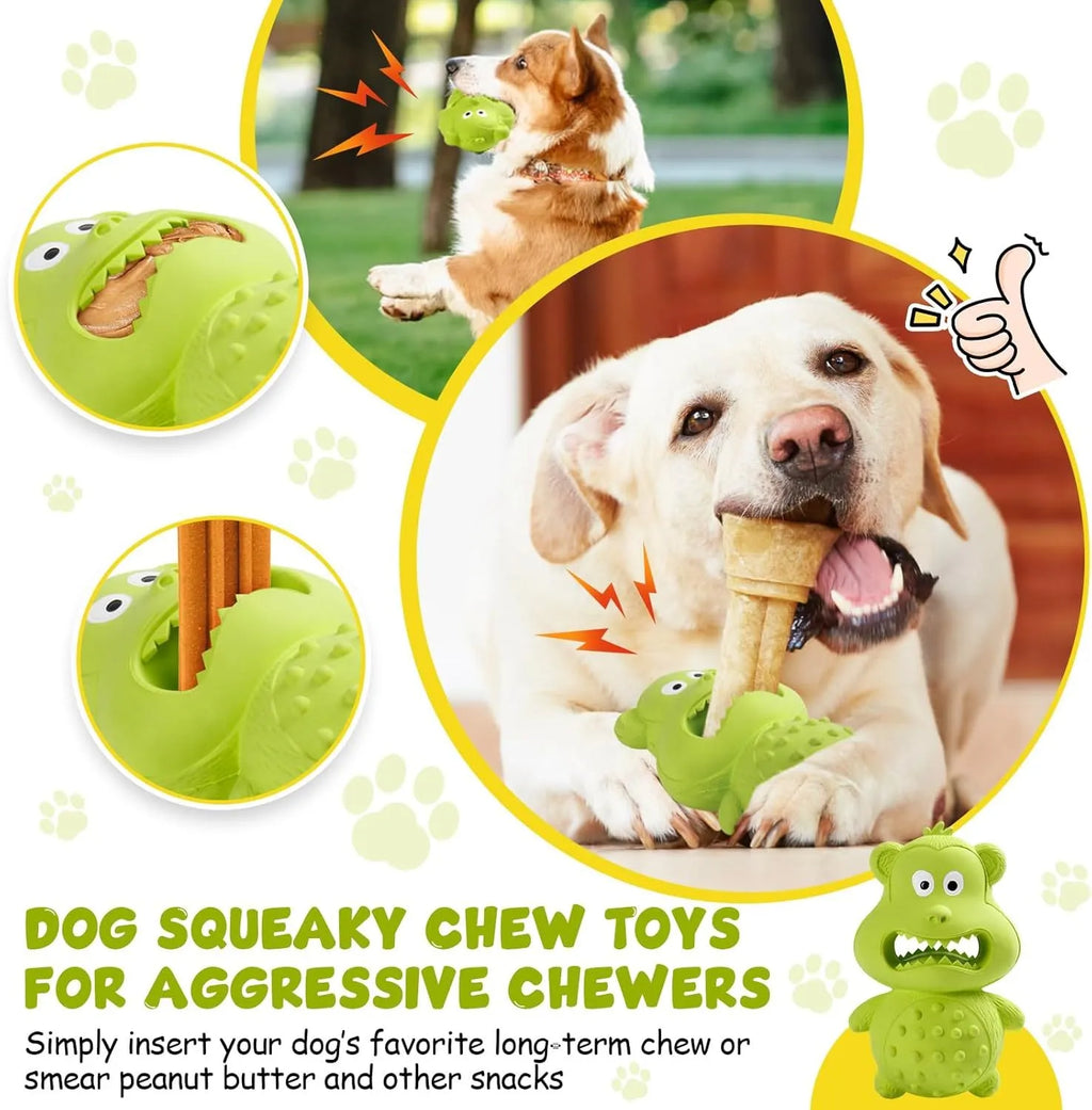 Green and yellow natural rubber dog chew toy for aggressive chewers