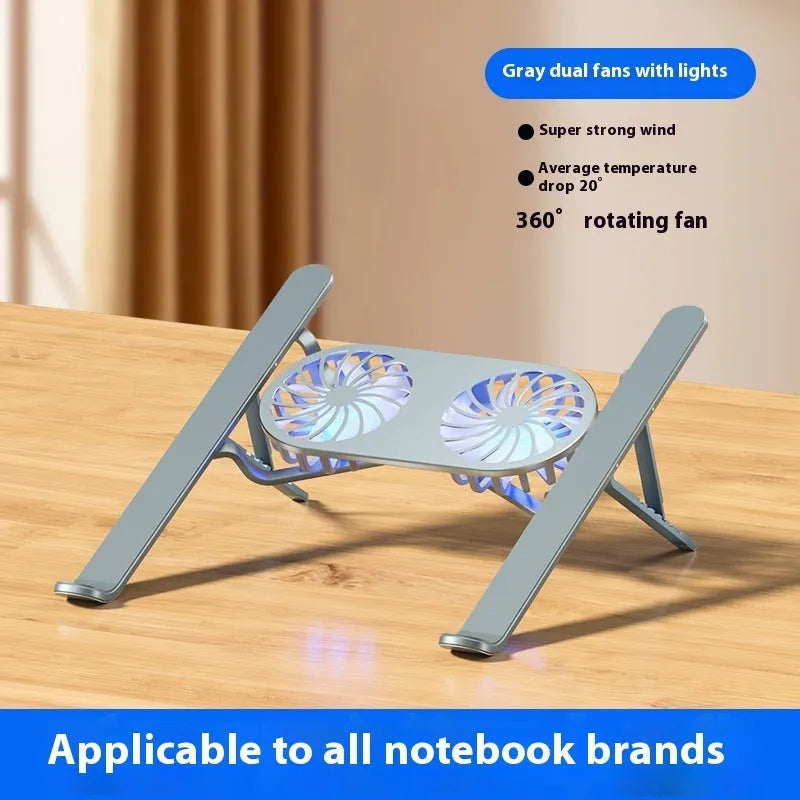 Silver aluminium alloy laptop cooling stand with twin fans in folded position
