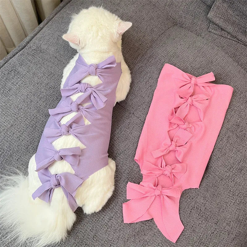 Adjustable lace-up cat sterilisation clothing in polyester fabric showing closure system and colour options