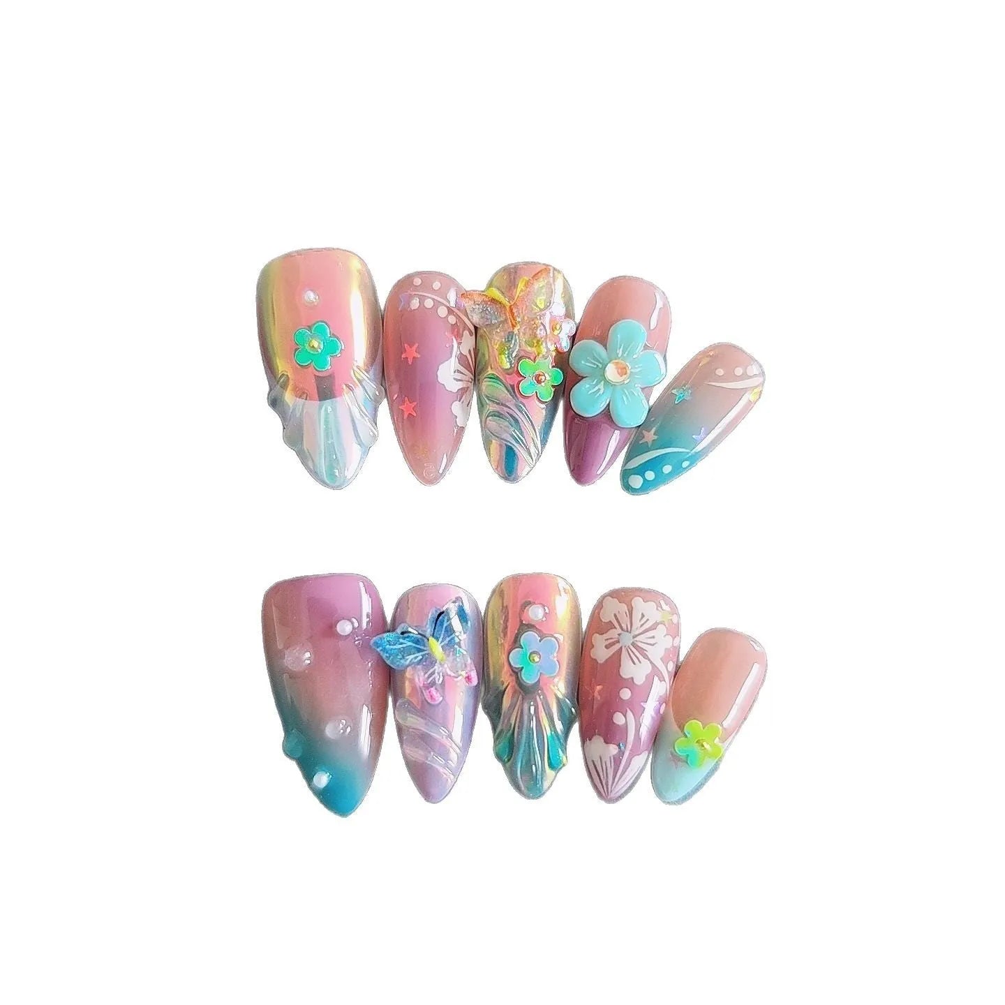 Handmade colourful nail art sculptures with embossed flower and butterfly patterns in four sizes