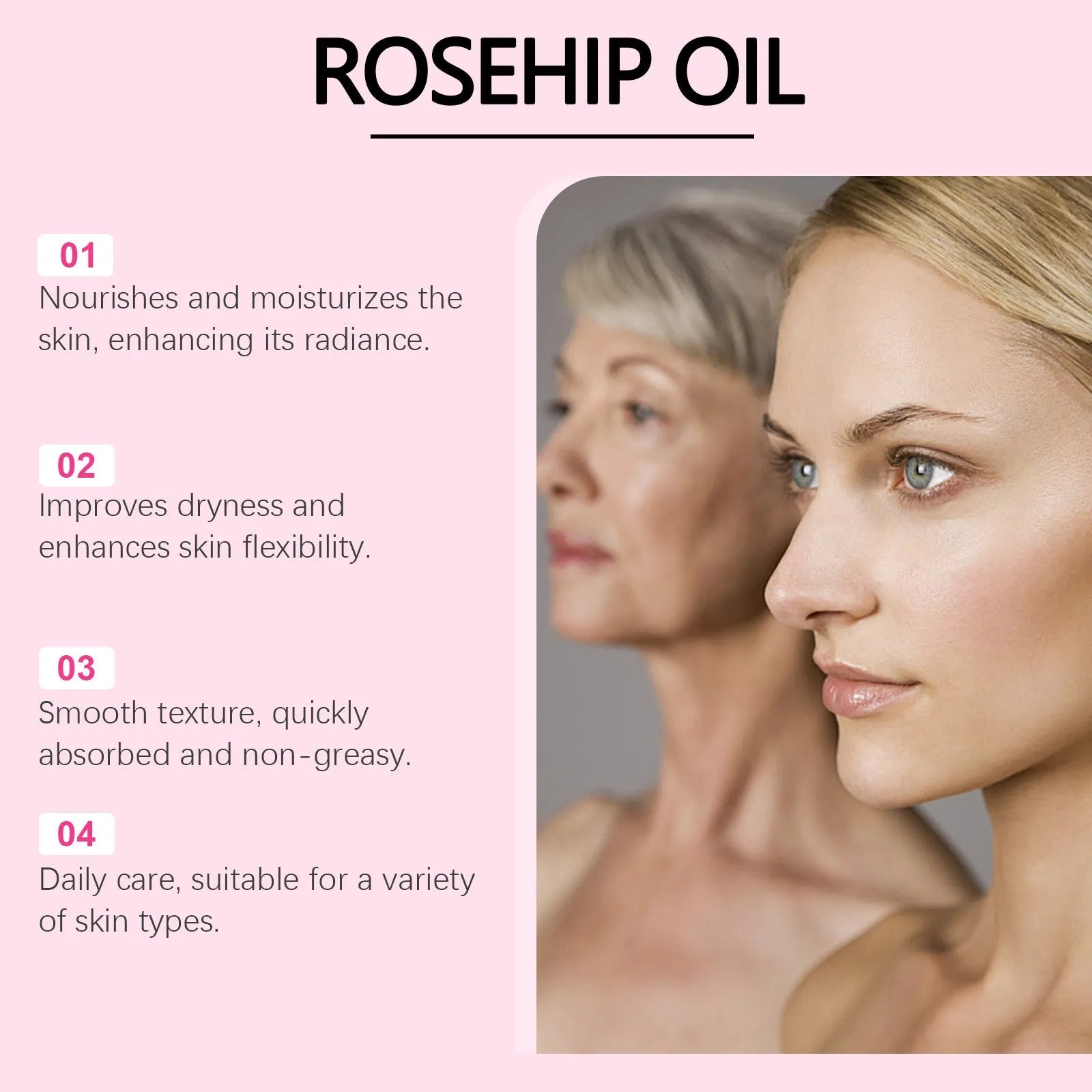 Rose Fruit Seed Facial Oil 60ml bottle with rose hip oil and vitamin E ingredient list