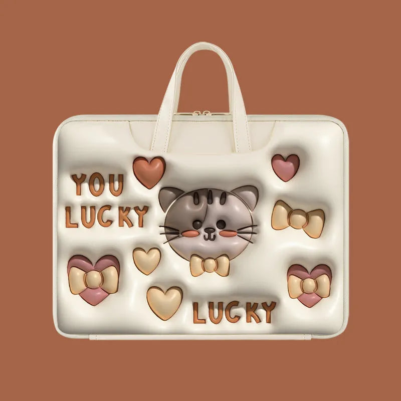 PU leather inflatable laptop bag with cartoon print, shown hanging from a suitcase handle.