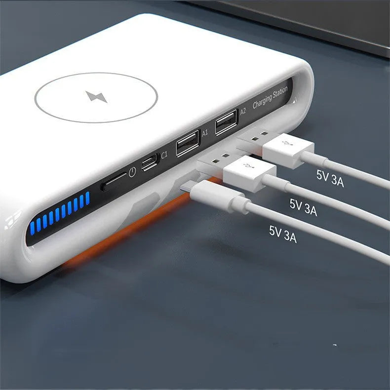White desktop wireless charger with LED atmosphere lamp showing 15W charging and eight colour modes