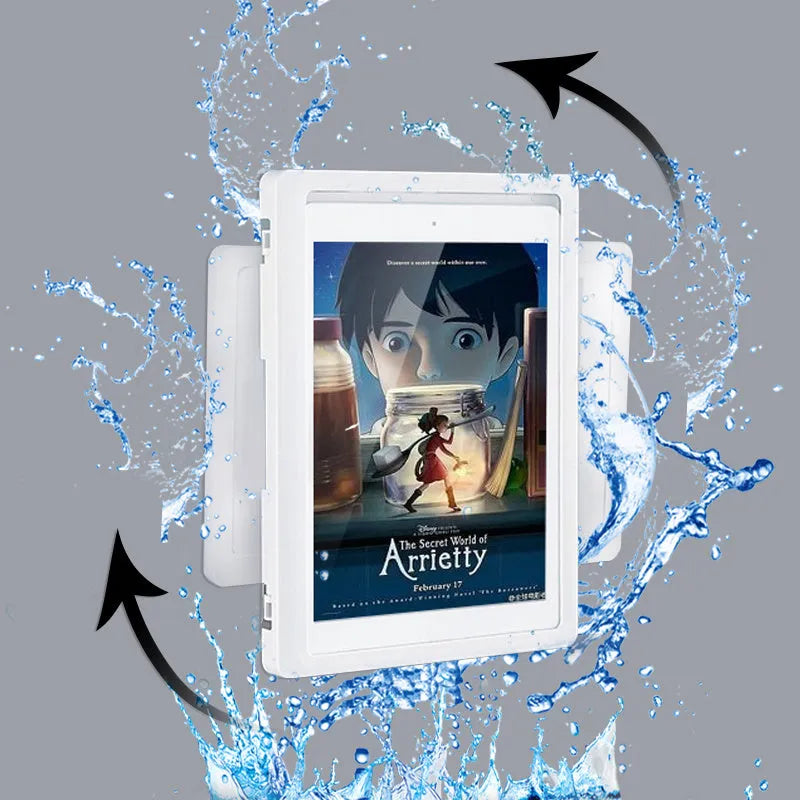 Waterproof phone holder mounted on bathroom tile showing mobile phone visible through anti-fog window