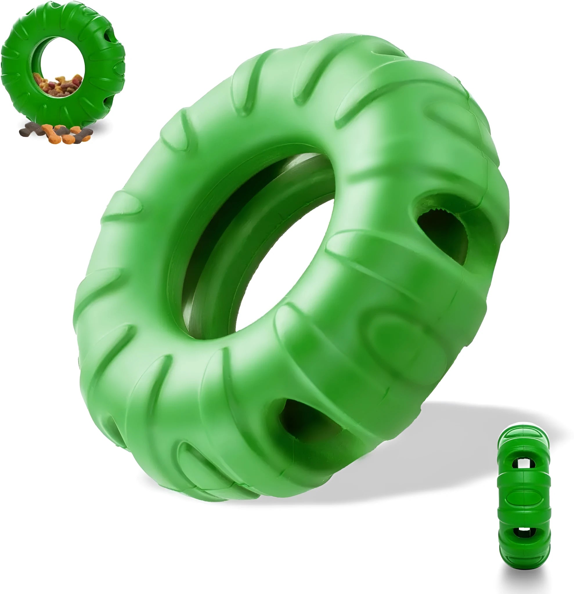 Blue beef-flavoured rubber tyre dog chew toy with oval openings for slow feeding.