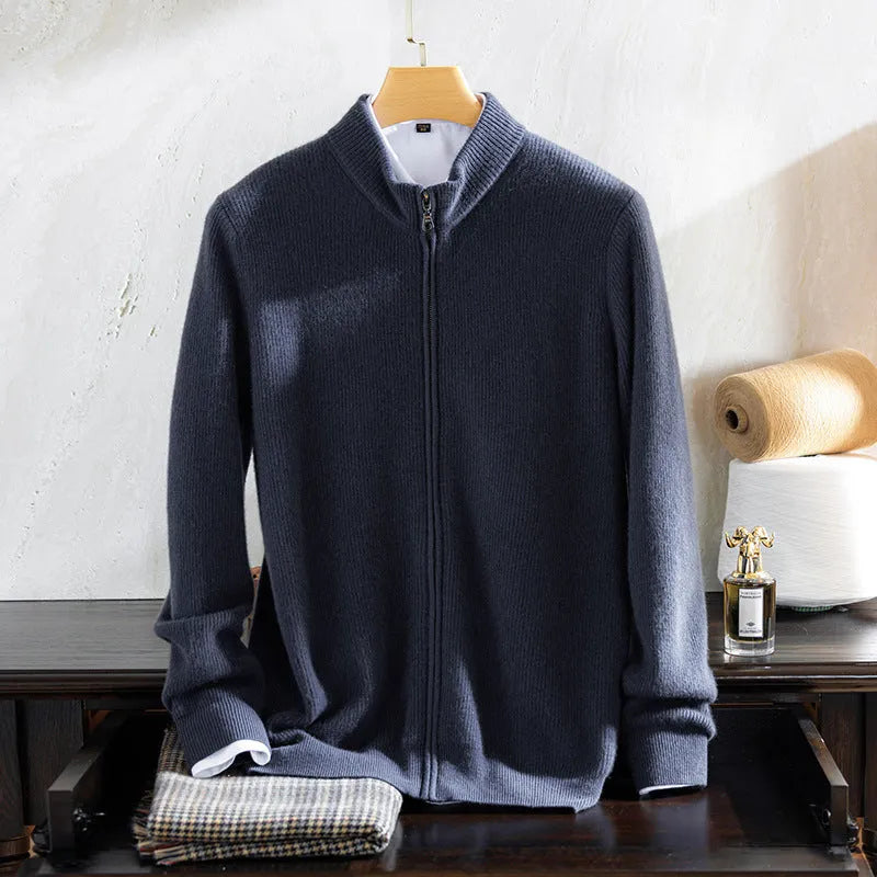 Men's cashmere zip front round neck cardigan sweater in camel colour