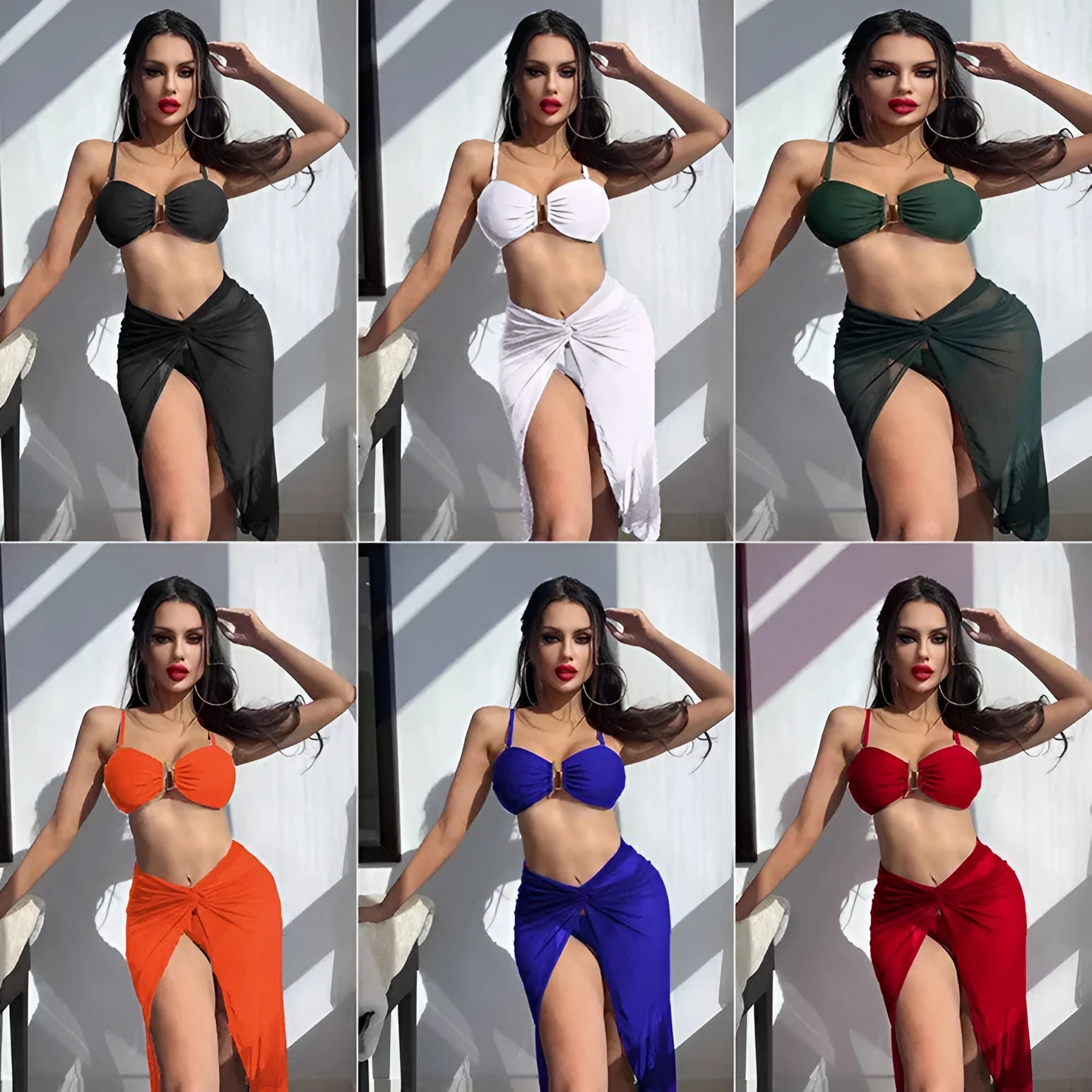 Women's multicolour three-piece bikini set with long culottes on a hanger, showing skirt, bra, and briefs.