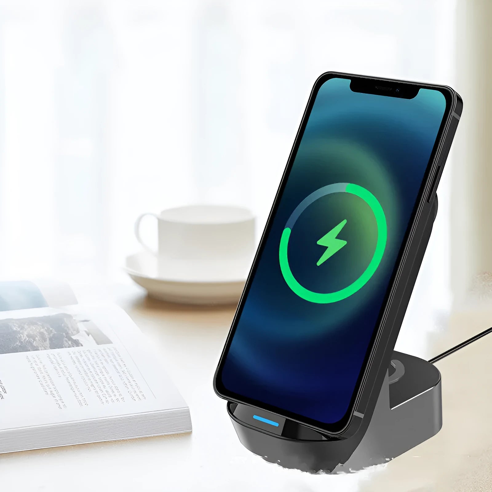 Black grey foldable 3-in-1 wireless charging vertical stand for mobile phone, Apple Watch, and earbuds.