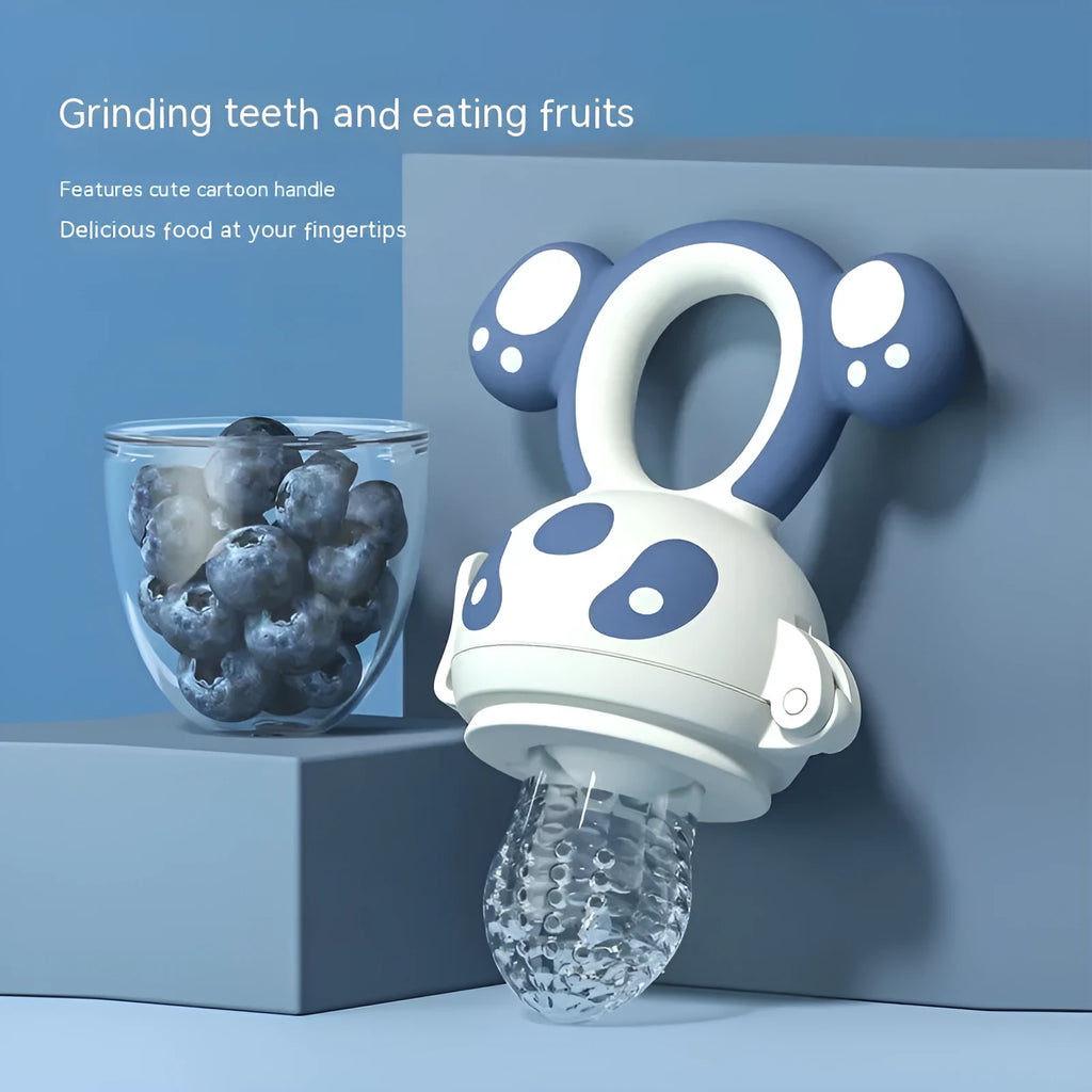 Transparent edible silicone baby teether fruit feeder with hand guard in red or blue for infants over 6 months