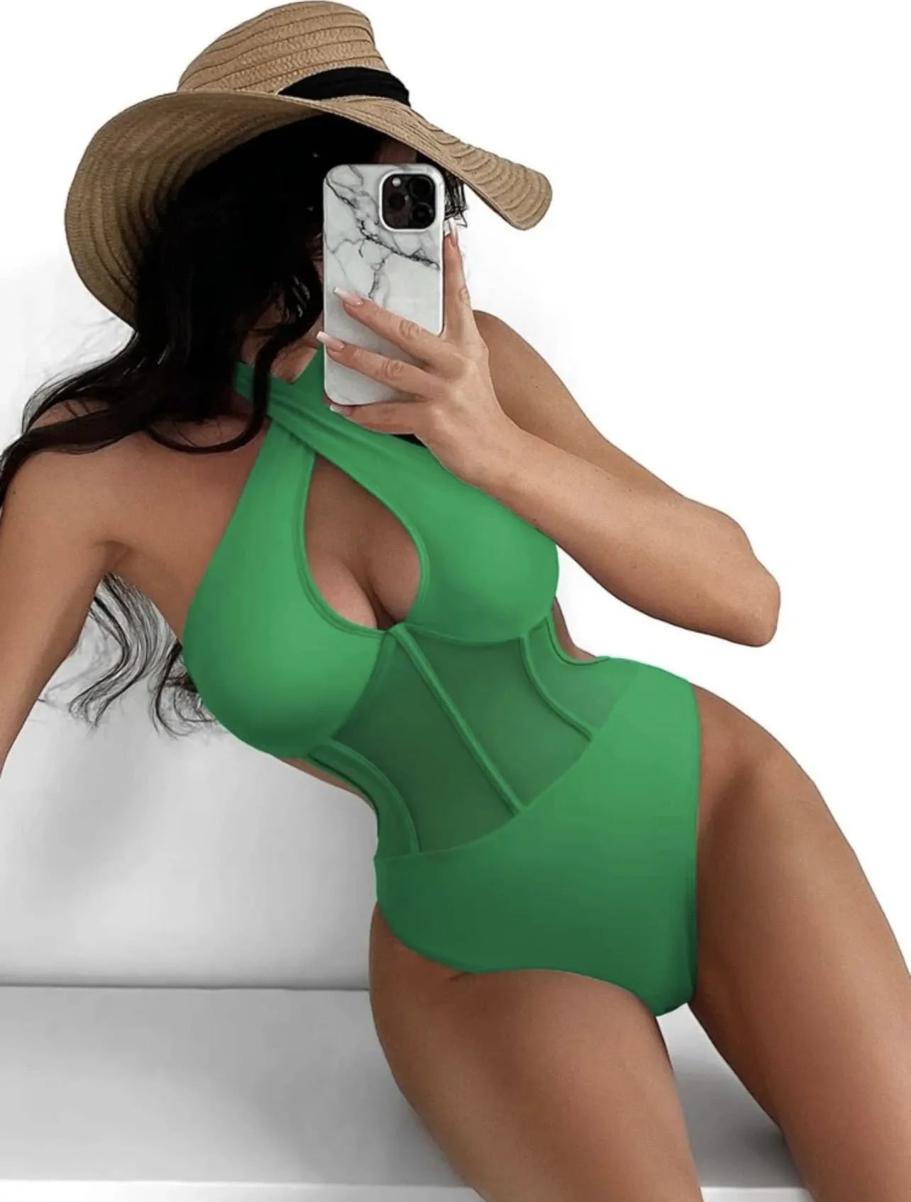 Ladies one-piece swimsuit bikini in black, rose red, or green, sizes S M L XL.